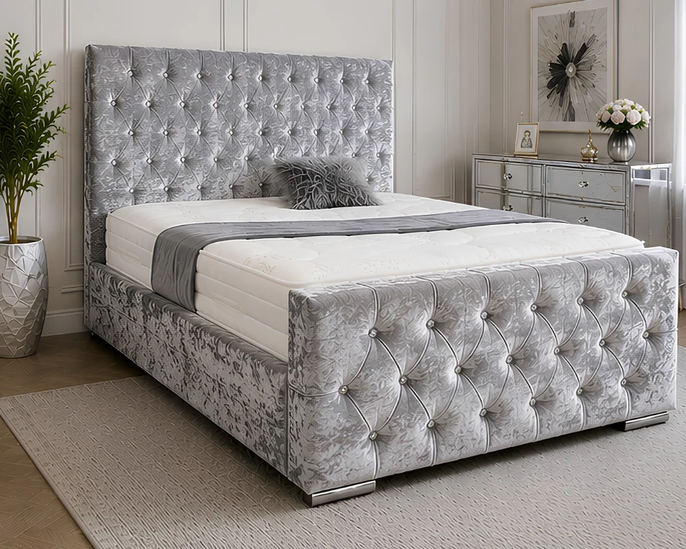 Modern Silver Bed Frame for Stylish Interiors Premium Silver Florida 5ft Bed – 180 × 200 cm Elegant Upholstered King Size Design with mattress - Image 1