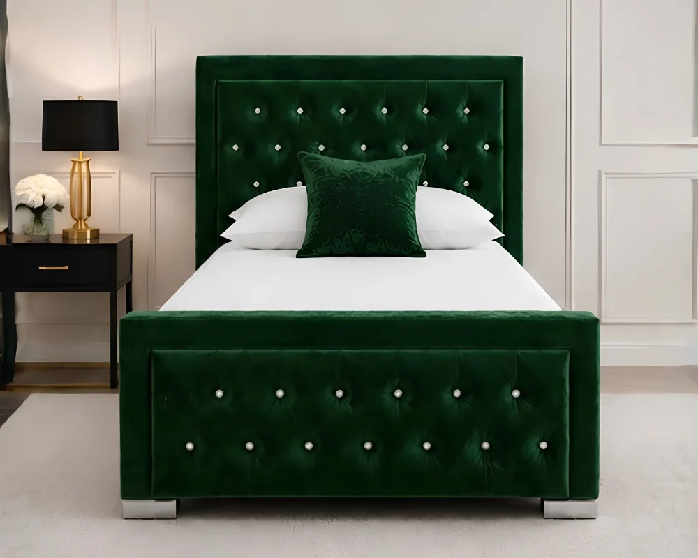 Modern Upholstered Bed in Green Luxe Green Hilton Single Bed with Comfortable Mattress – Modern Tufted Headboard - Image 1