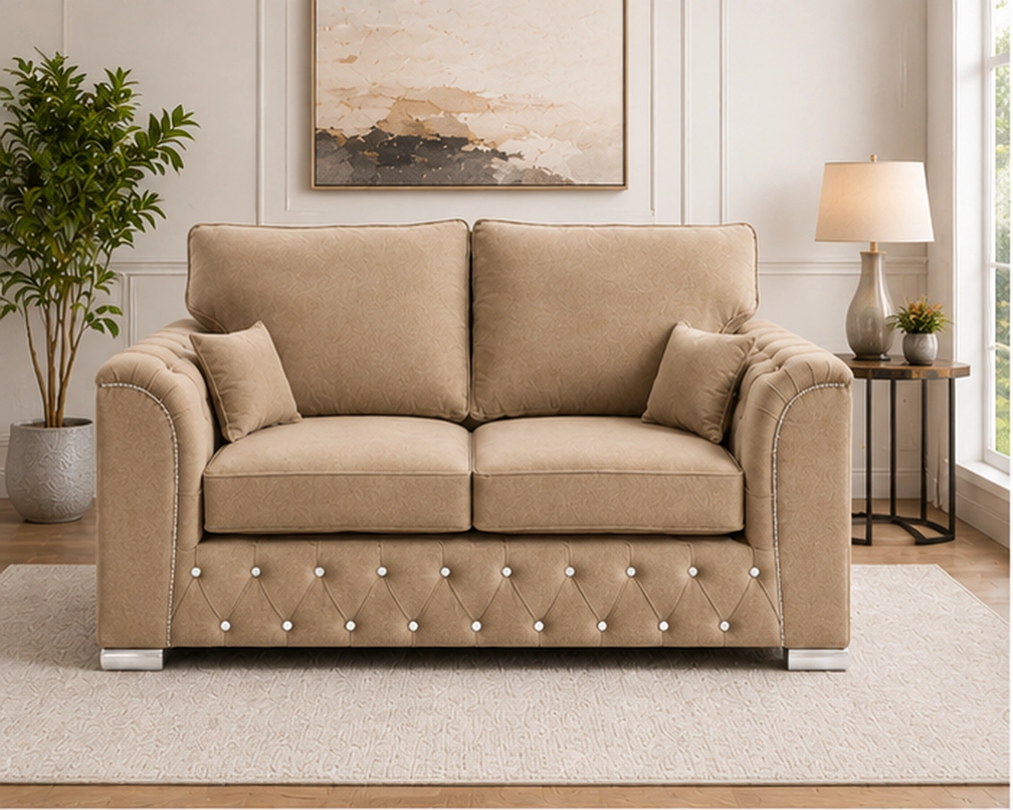 Oak Chesterfield 2 Seater Sofa – Luxury Buttoned Design Elegant 2 Seater Sofa – Stylish Living Room Furniture Luxury Chesterfield Style 2 Seater Sofa - Image 1