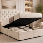 Beige Ottoman King Bed – Modern 180×200cm Frame with Lift-Up Storage