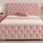 Soft Rose Florida Velvet Bed Frame-Luxury Blush Double Bed with Mattress – 160 × 200 cm (4ft 6) Upholstered Velvet Frame