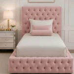 Dusty Pink Single Bed with mattress – Elegant Button-Tufted Bed Frame