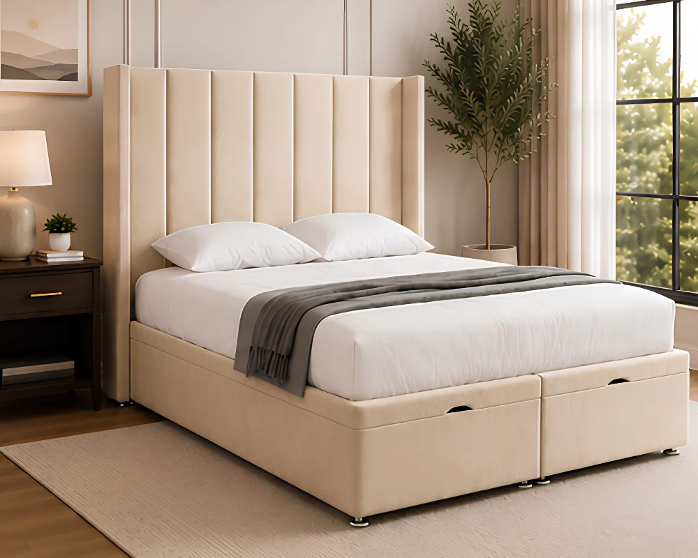 Premium Beige Double Bed Super King Size Ottoman Storage Bed - Super King Ottoman Bed with Mattress 200 × 200 cm - Image 1