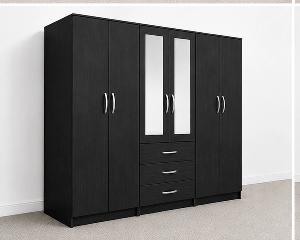 Premium Black Bedroom Wardrobe with Mirror Panels 6 Door Black Wardrobe with 3 Drawers & Double Mirrors – Modern Bedroom Storage Cabinet - Image 1
