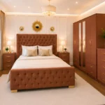 Designer Bedroom Furniture Set – Double Bed, Six Door Mirrored Wardrobe with Four Bottom Drawers & Matching Furniture