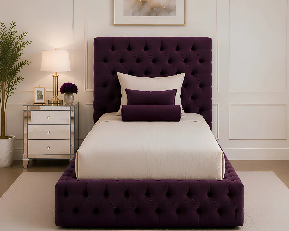 Purple Velvet Bed Lavender Purple Single Bed with mattress – Elegant Button-Tufted Bed Frame - Image 1