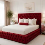 Regal Red Velvet King Bed with mattress – Padded Headboard & Footboard