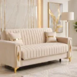 Luxury Turkish Sofa bed – Cream Fluted 3 Seater Sofa with Gold Accents