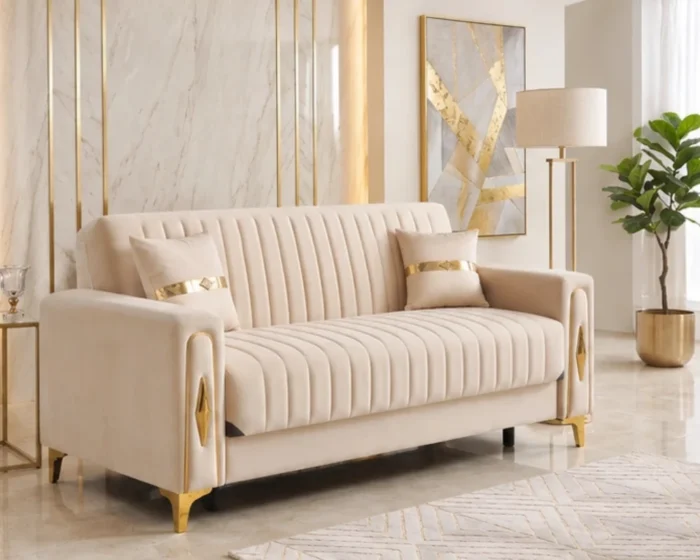 Luxury Turkish Sofa bed – Cream Fluted 3 Seater Sofa with Gold Accents