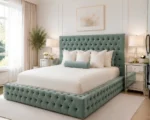 Contemporary Sage Green King Bed with mattress – Premium Ambassador Upholstery