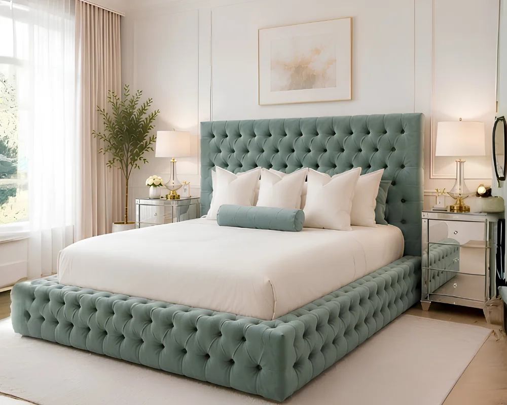 Sage Whisper Bed Contemporary Sage Green King Bed with mattress – Premium Ambassador Upholstery - Image 1