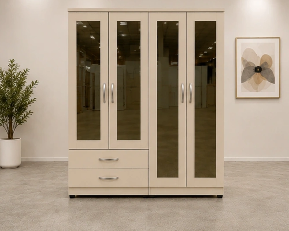 Sleek Wardrobe with Mirror Panels Modern 4 Door Mirrored Wardrobe with 4 Integrated Mirrors and 2 Convenient Storage Drawers - Image 1