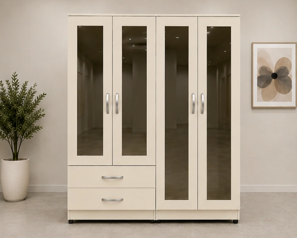 Spacious Bedroom Wardrobe Cabinet Stylish 4 Door Wardrobe with 4 Integrated Mirror Doors and 2 Large Storage Drawers - Image 1