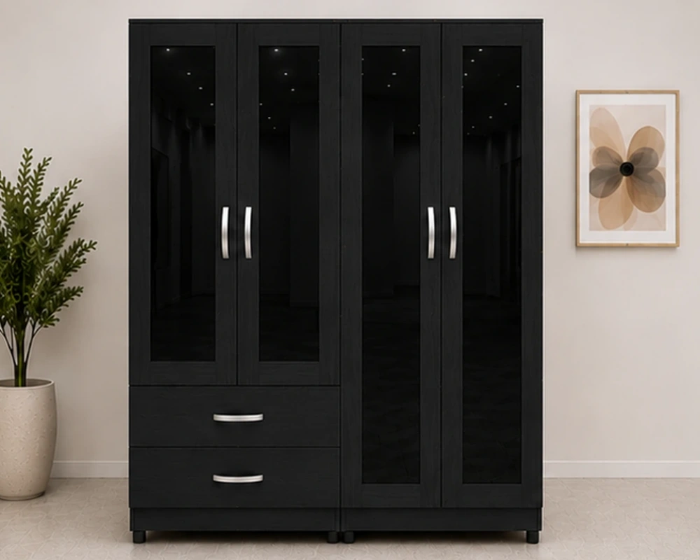Spacious Mirrored Storage Wardrobe Contemporary 4 Door Storage Wardrobe with 4 Mirror Panels and 2 Integrated Bedroom Drawers - Image 1