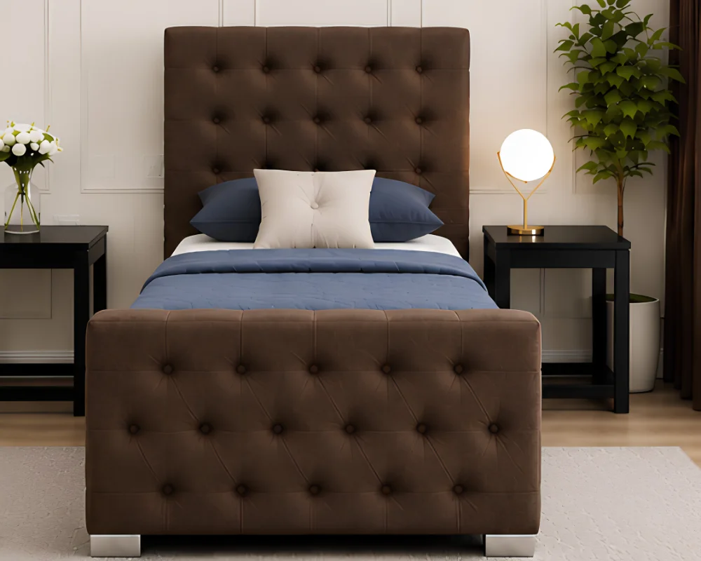 Stylish Bed Frame with a Soft Brown Headboard Premium Brown Upholstered Single Bed with Crystal Button Headboard-90 × 190 cm Bed with mattress - Image 1