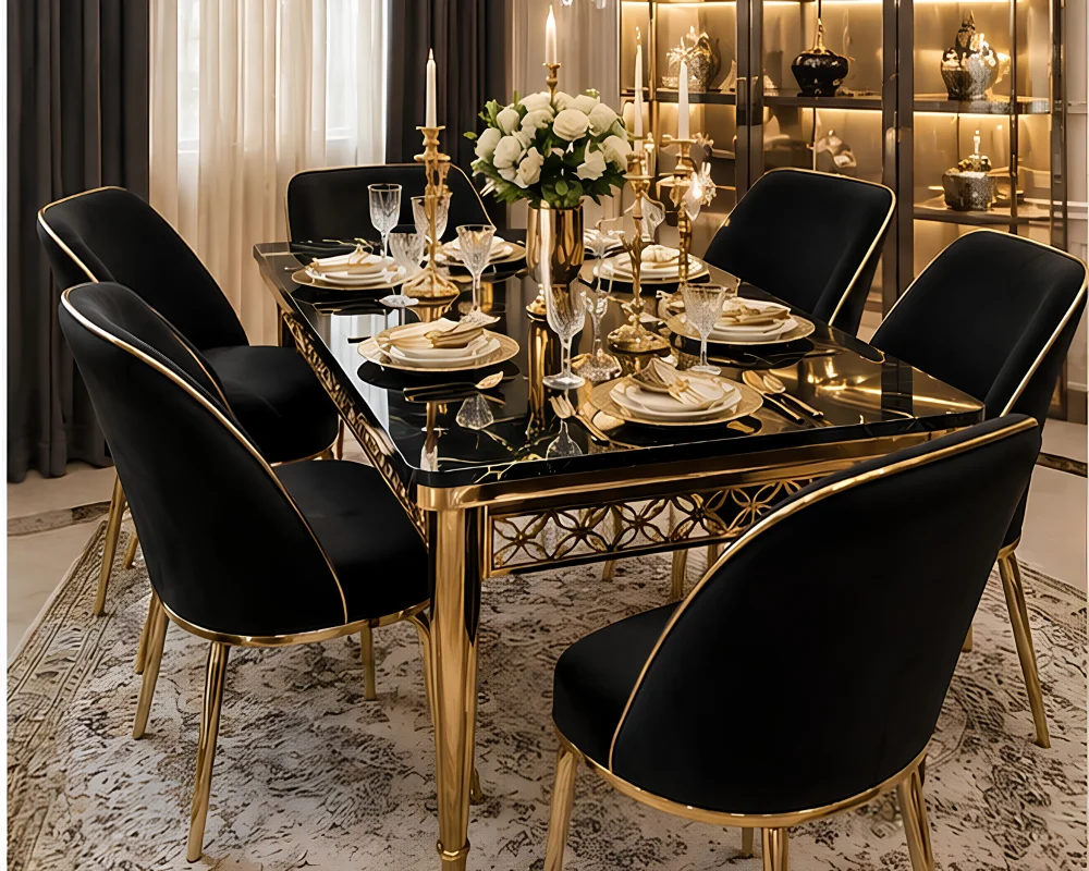 Stylish Black Dining Table & 6 Chairs – Complete Dining Set Elegant Dining Table with 6 Chairs Set – Beautiful Dining Furniture for a Comfortable and Modern Dining Space - Image 1