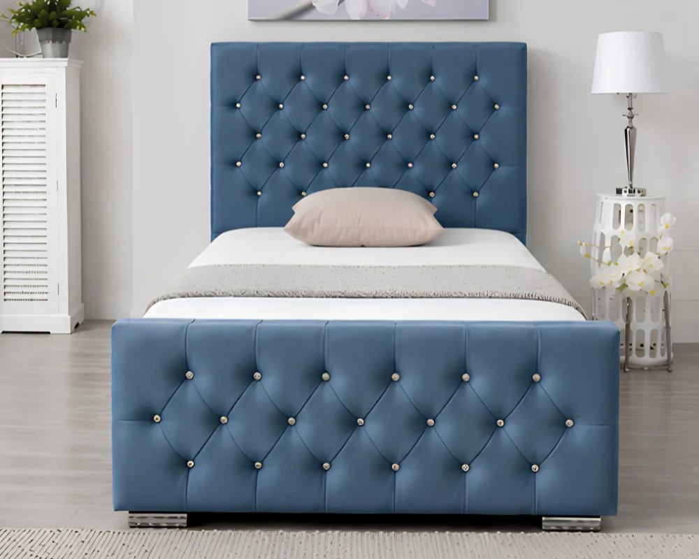 Stylish Blue Velvet Bed with Buttoned Headboard Designer Blue Florida Single Bed with Mattress - Premium Upholstered Bed - Image 1