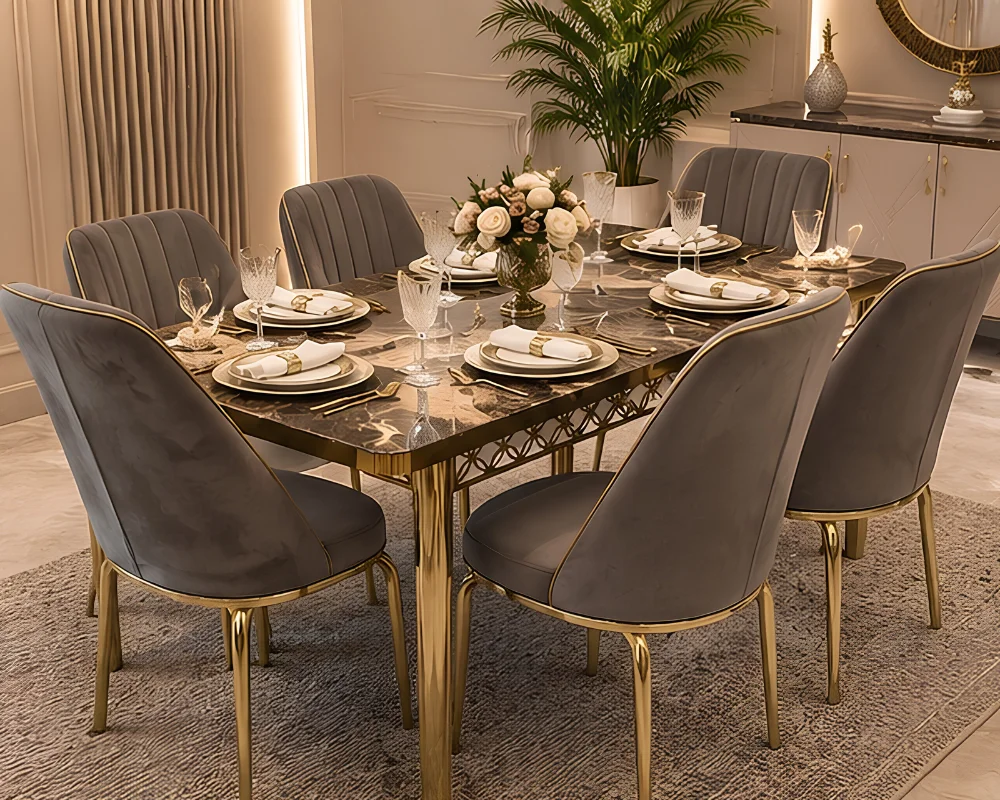 Stylish Dark Gray Dining Table & 6 Chairs – Complete Dining Set Stylish Dining Table with 6 Chairs Set – Comfortable Dining Furniture for Creating a Beautiful and Welcoming Dining Room - Image 1