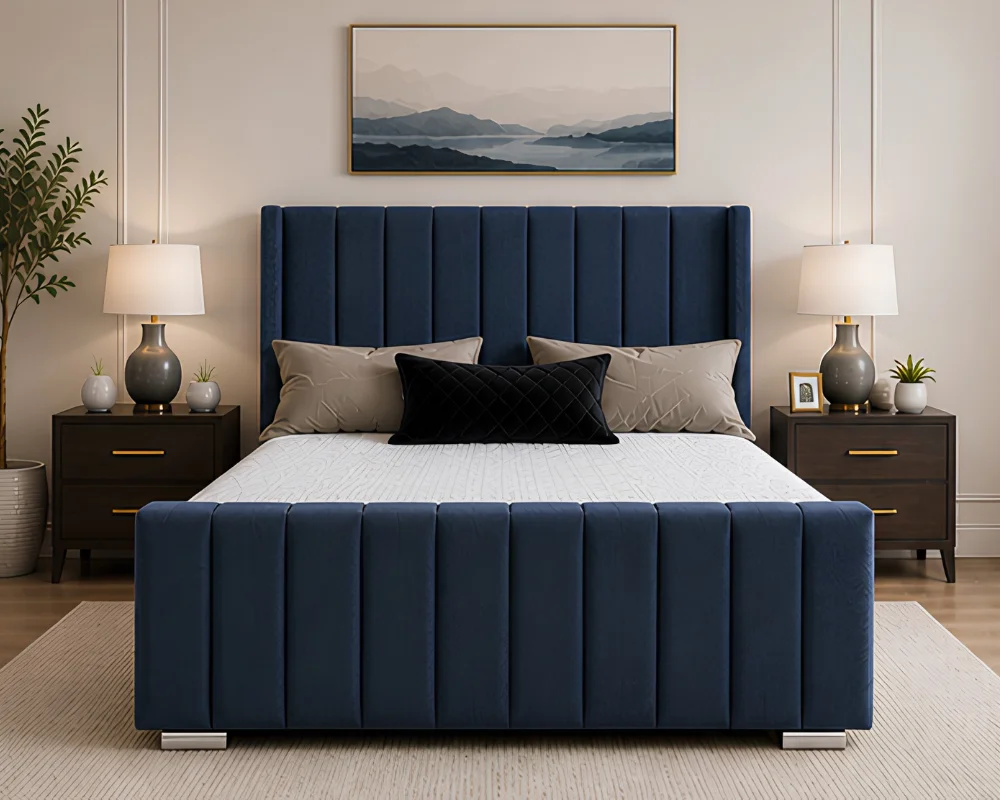 Stylish Double Panel Bed – Luxury Home Furniture (2) Luxury Wingback Double Bed Frame – 160 x 200 cm – Modern Panel Wingback Double Bed with Mattress - Image 1