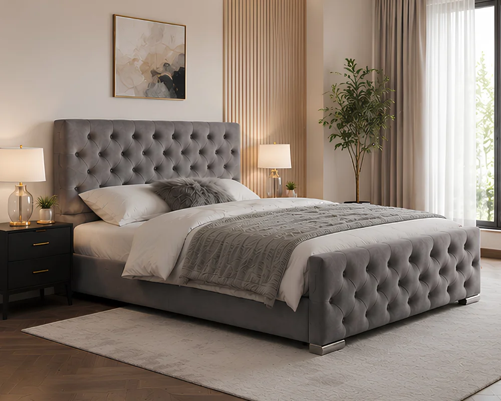 Stylish Grey Bedroom Bed Design Modern Grey Florida 5ft Bed with Mattress – 180 × 200 cm Upholstered King Bed - Image 1