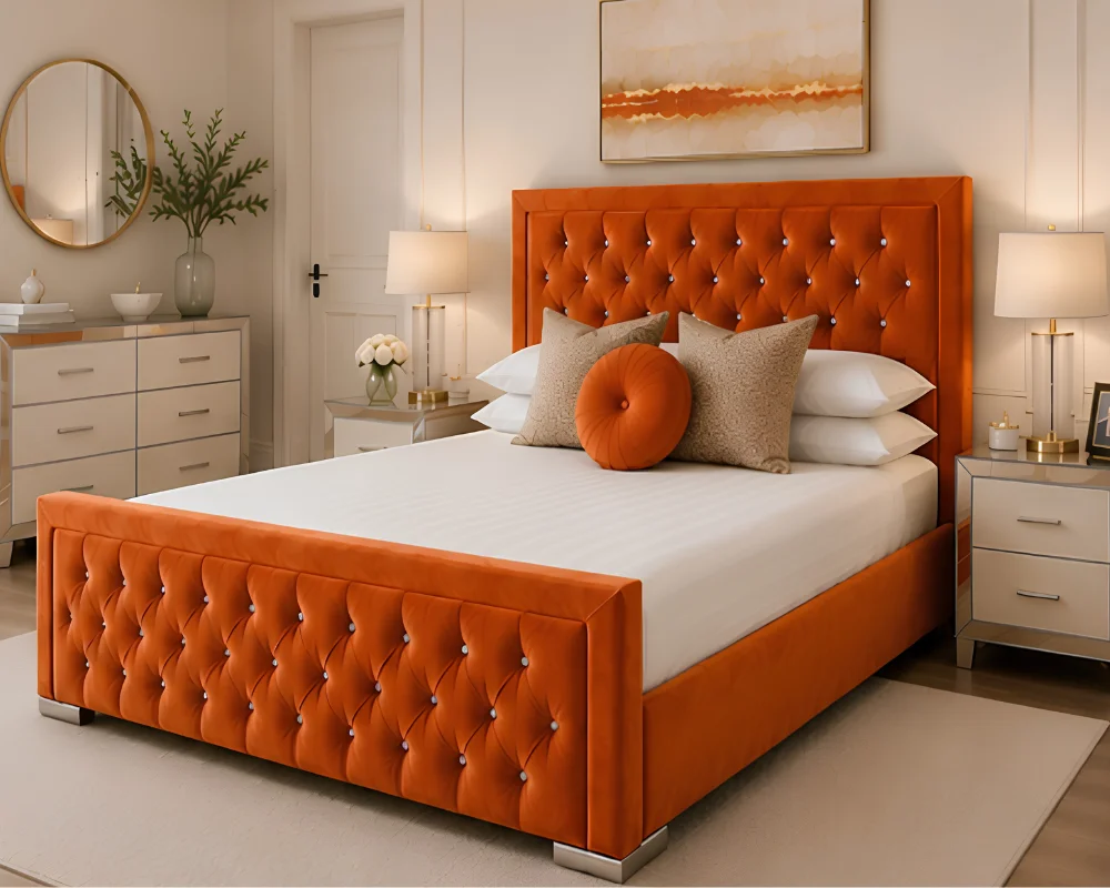 Stylish Orange Bed Warm Orange Hilton 6ft Bed with Mattress – 200 × 200 cm Elegant Super King Frame - Image 1