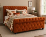 Luxury Orange Velvet Bed Frame-200 × 200 cm Upholstered Bed, with mattress - Image 2
