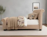 Beige Velvet Sleigh Double Bed Frame - 160x200cm Upholstered Bed with mattress - Image 3