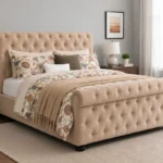 Modern Beige Sleigh King Size Bed Frame-Luxury 5ft Bed with mattress