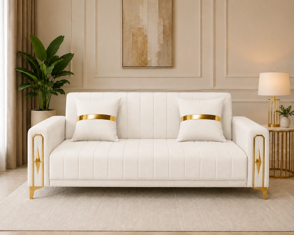 Stylish sofa bed Luxury Turkish Sofa bed – Cream Colour 3 Seater Sofa with Gold Accents - Image 1