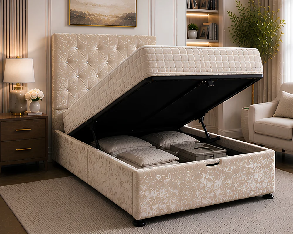 Taupe Beige Storage Single Bed Single Bed with Gas Lift Storage and Mattress - Modern Single Storage Ottoman Bed - Image 1
