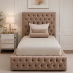 Elegant Taupe Beige Single Bed with mattress – Premium Tufted Headboard & Footboard