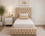 Elegant Champagne Beige Ambassador Bed with mattress – Stylish 90×190 cm Single Bed