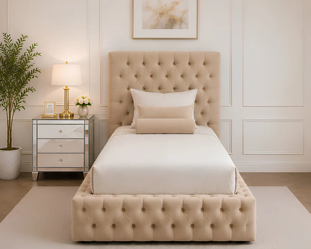 Taupe Beige Velvet Single Bed Elegant Champagne Beige Ambassador Bed with mattress – Stylish 90×190 cm Single Bed - Image 1