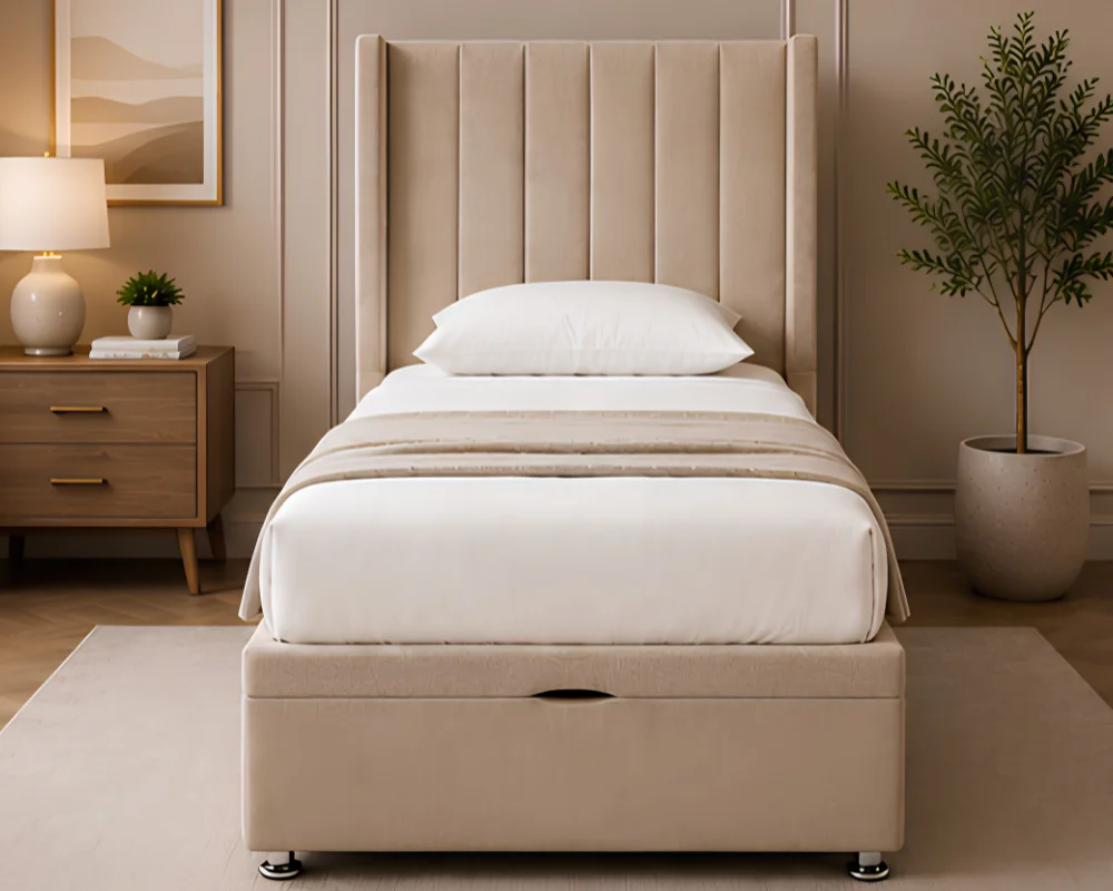 Warm Beige Bed Single Ottoman Bed with Mattress – Single Ottoman Storage Bed with Mattress - Image 1