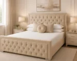 Luxury Beige Hilton 6ft Bed with Mattress – 200 × 200 cm Upholstered Super King