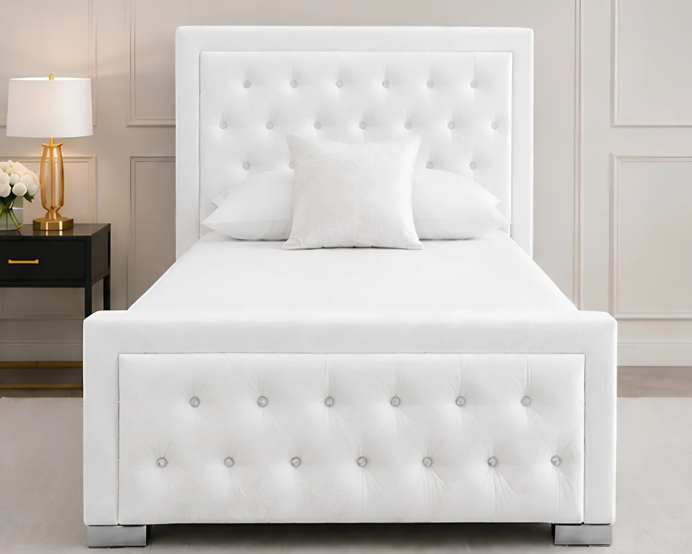 White Button-Tufted Bed Ivory White Hilton Single Size Bed with mattress – Elegant Tufted Headboard with Mattress - Image 1