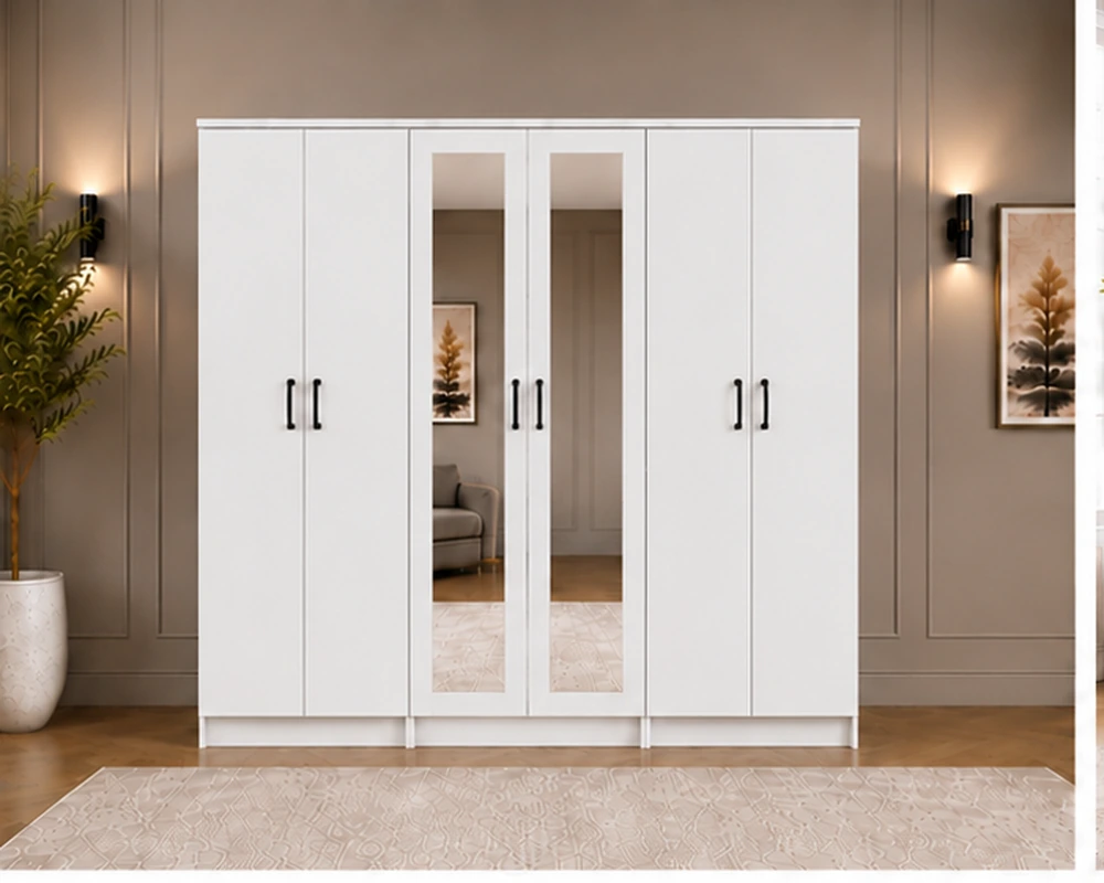 White Wardrobe – Front Vie Modern White 6 Door Wardrobe with 2 Full-Length Mirrors Spacious Bedroom Storage- Custom Colours & Sizes Available - Image 1