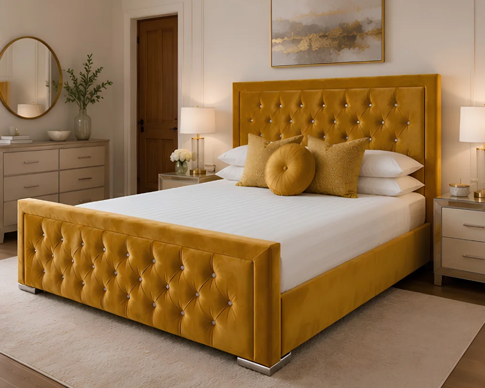 Yellow Bed with Gold Accents Rich Gold Yellow Hilton Super King Bed with mattress – 6ft | 200 × 200 cm Premium Padded Headboard - Image 1