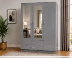 Elegant Grey 3 Door Wardrobe – 3 Door Mirrored Wardrobe with 2 Bottom Drawers
