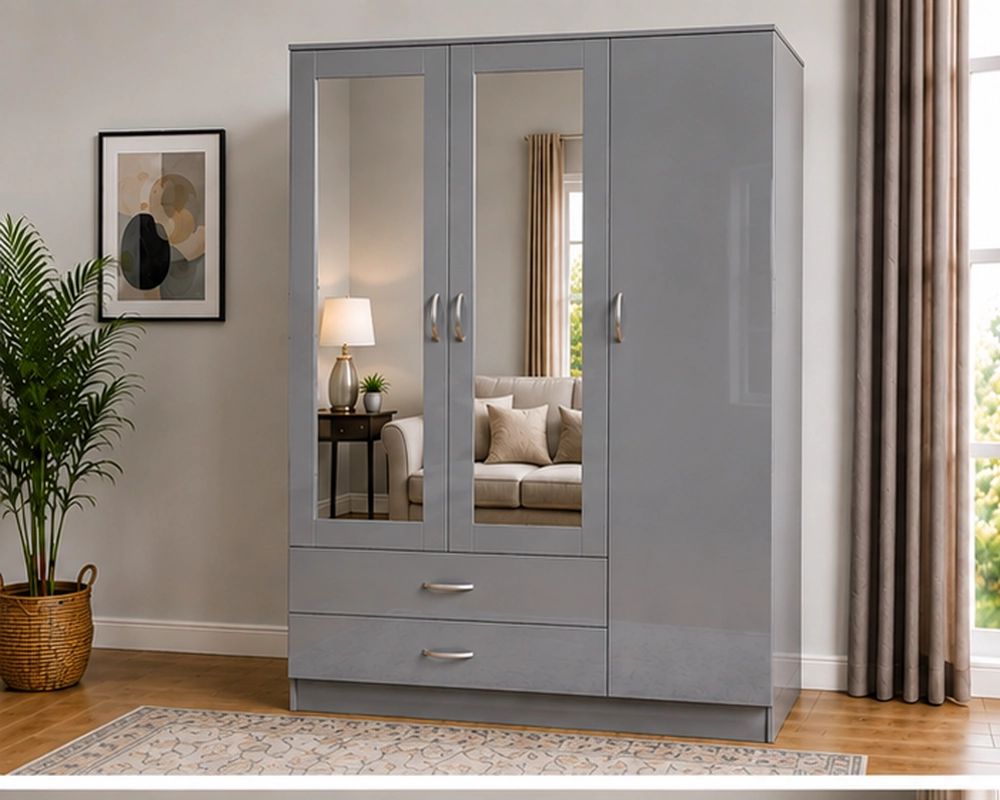01_Front_Glossy_1000x800 Elegant Grey 3 Door Wardrobe – 3 Door Mirrored Wardrobe with 2 Bottom Drawers - Image 1