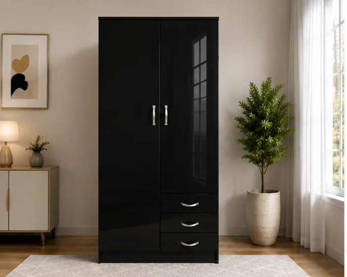 Black Haven 2-Door Wardrobe with 3 Drawers – Modern Bedroom Storage