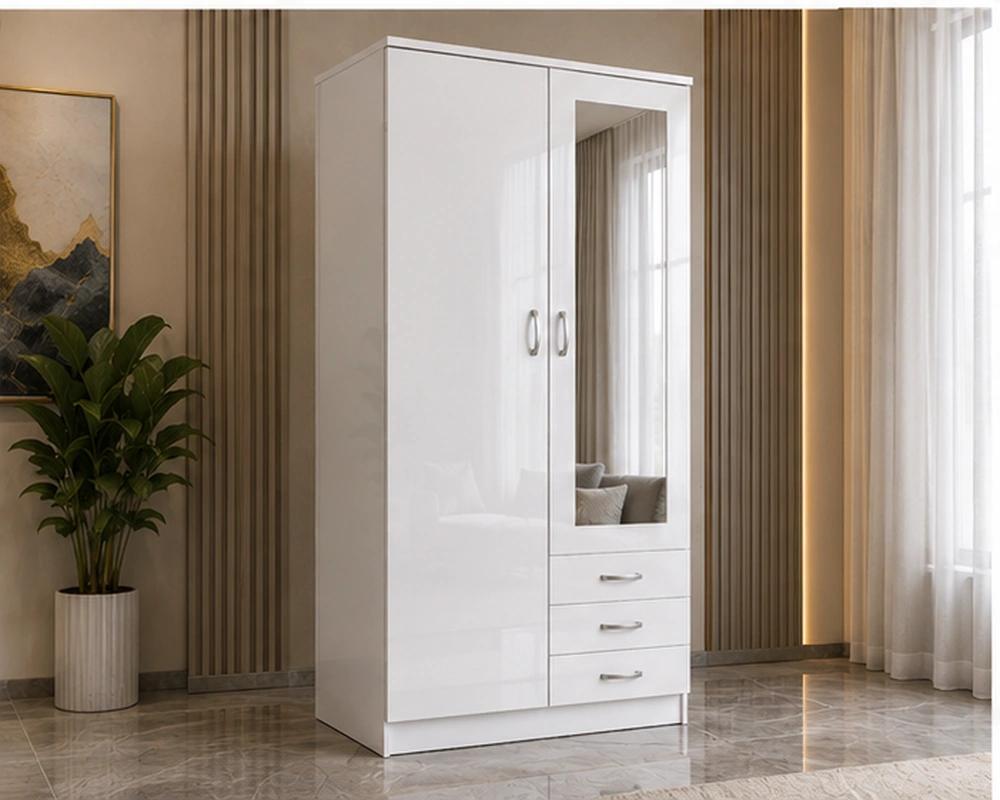 03-left-angle (1) White Space-Saving Mirrored Wardrobe – Modern Bedroom Furniture - Image 1