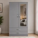 Modern Grey Wardrobe with Mirror and Drawers – Stylish Bedroom Storage