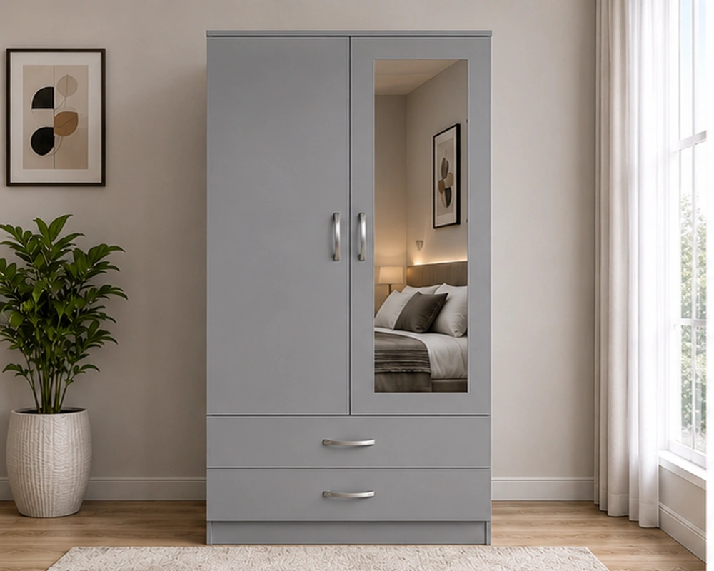 1_front (3) Modern Grey Wardrobe with Mirror and Drawers – Stylish Bedroom Storage - Image 1