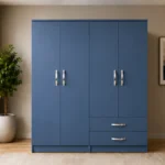 Deep Blue Bedroom Wardrobe – Stylish Four Door Design with Drawers