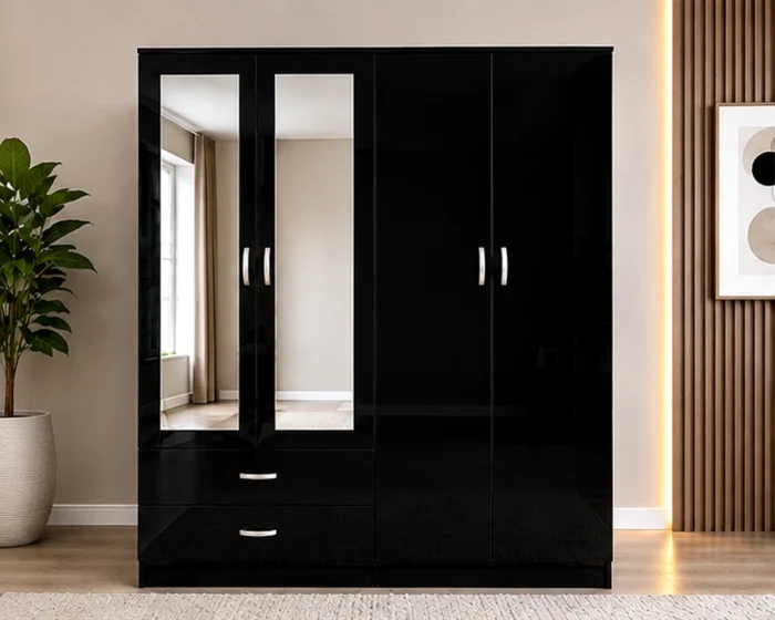 Modern Black 4 Door Wardrobe with 2 Mirrors & 2 Drawers– Modern Bedroom Furniture