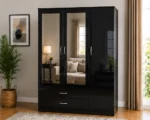 Luxury Black 3 Door Wardrobe - Modern 3 Door Wardrobe with 2 Mirrors & 2 Bottom Drawers