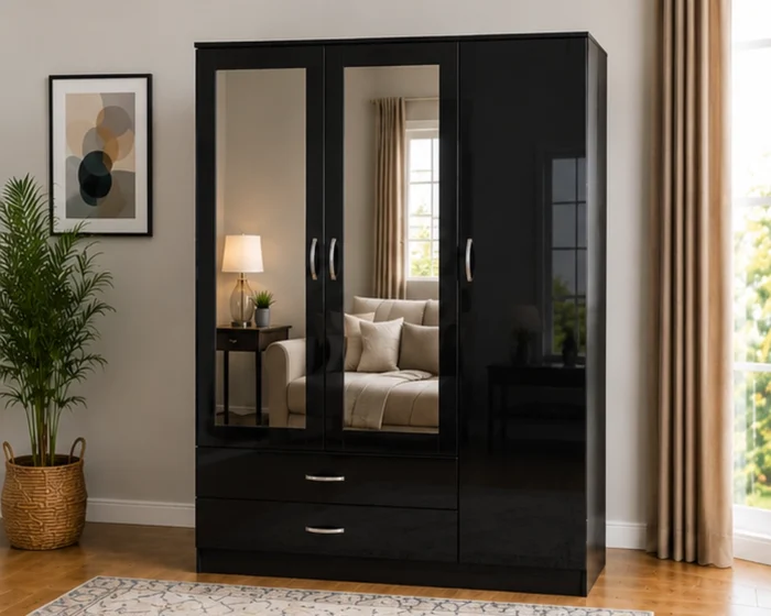 Luxury Black 3 Door Wardrobe - Modern 3 Door Wardrobe with 2 Mirrors & 2 Bottom Drawers