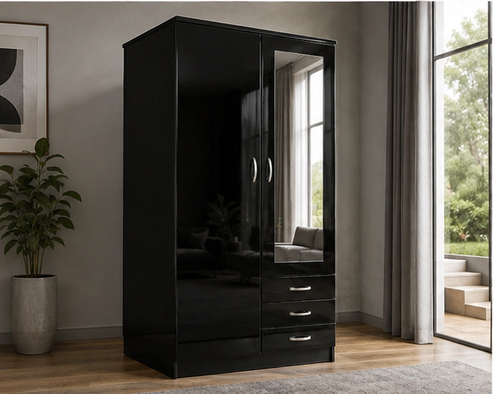 black_wardrobe_03_left_angle Black Modern Mirrored Wardrobe – Stylish Space-Saving Bedroom Furniture - Image 1