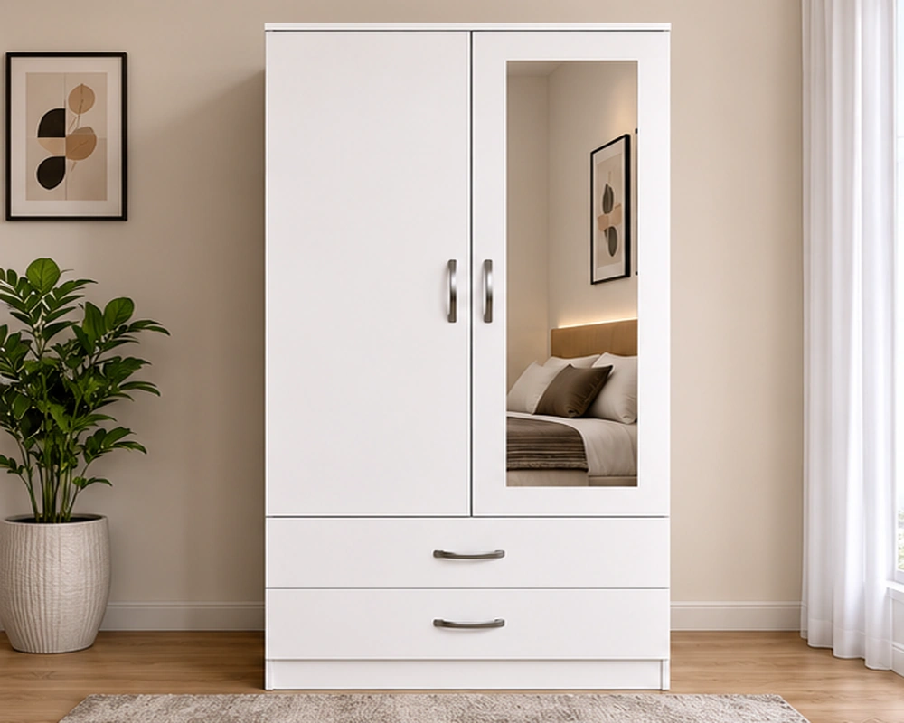 wardrobe_01_front_1000x800 Modern 2 Door Wardrobe with Mirror and Drawers – White Bedroom Storage Furniture - Image 1